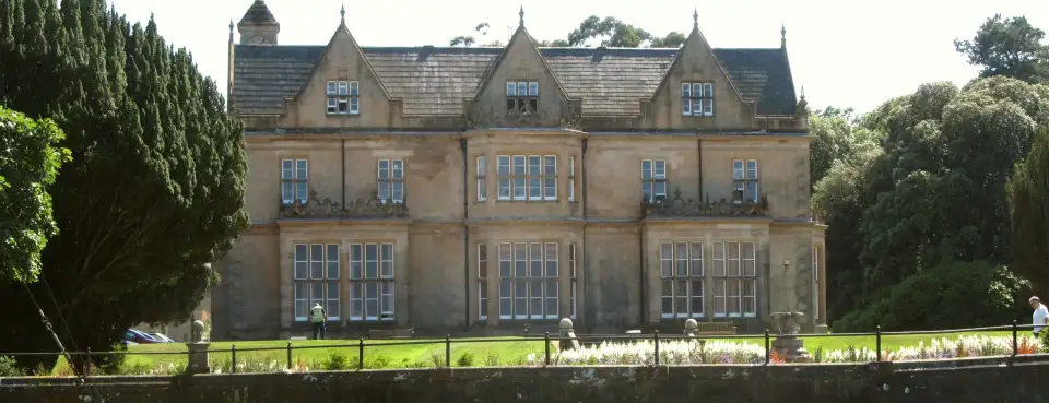 Bangor Castle, now the town hall, and its lawns on a sunny day