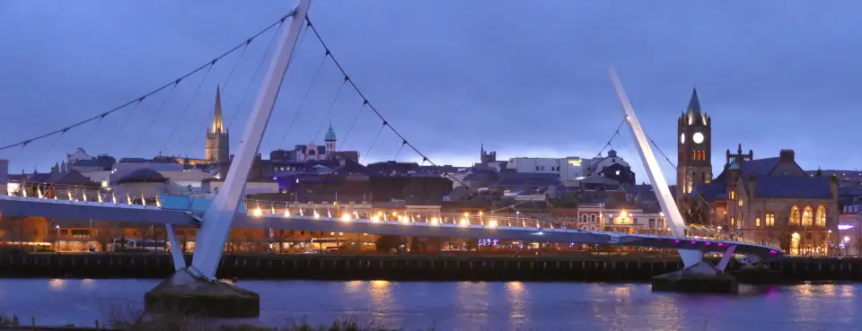 The Peace Bridge over the River Foyle at dusk, Derry/Londonderry